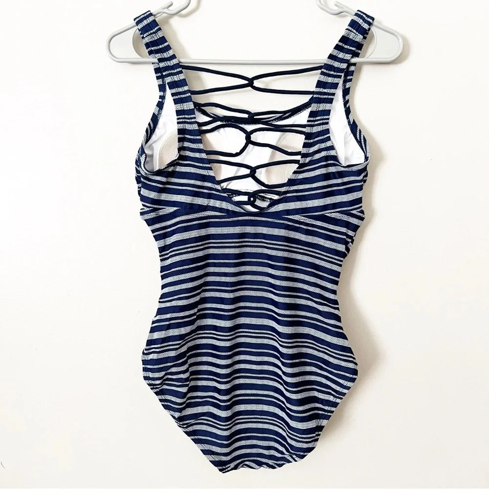 Merona Navy Blue Full Coverage One Piece Swimsuit Lace Back Medium Swim Suit M